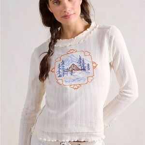 We The Free - through the woods - Cream Long Sleeve Top with Scenic Embroidery